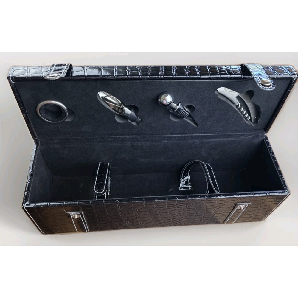 Wine bottle gift box holder carrier case & 4pc accessories set Faux Alligator